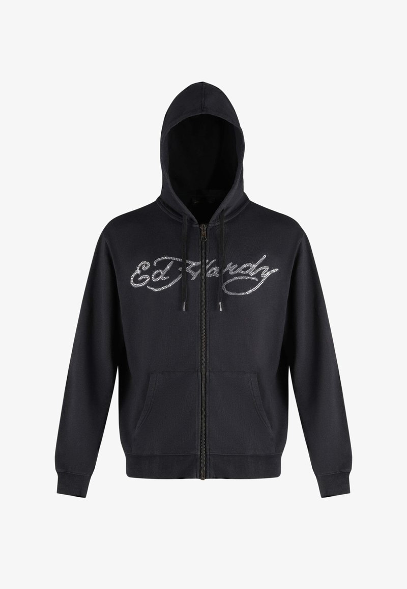 Felpa nera con zip, caratterizzata da un grande logo "Ed Hardy" in argento scritto in corsivo. Due tasche frontali, cordoncini regolabili sul cappuccio. Tessuto morbido.