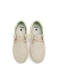 Beige canvas shoes with a textured finish, featuring green accents and a patterned inner lining. Includes a branded insole and simple lacing.