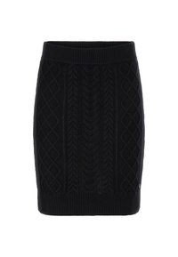 Jupe en tricot noir avec un motif en relief, une taille côtelée et une coupe ajustée. Texture lisse avec des détails complexes tout au long.
