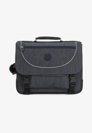 Sac messager en tissu gris avec une poche frontale zippée, des boucles en plastique et un porte-clés en peluche en forme de singe attaché sur le côté.