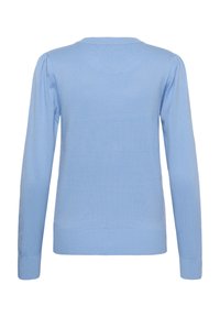 Pull tricoté bleu clair à manches longues avec poignets, ourlet et encolure ronde côtelés, montré de dos.
