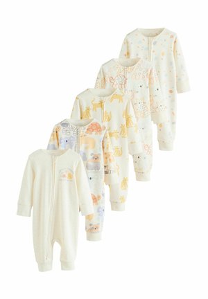Fünf Babystrampler aus weichem Baumwollstoff, in Cremefarbe mit verschiedenen Tiermotiven, lange Ärmel, Frontreißverschluss, strukturierte Muster und mit Bündchen an den Knöcheln.