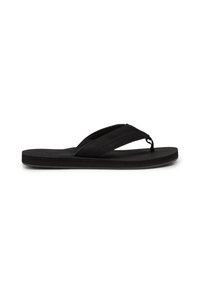Black flip-flop sandals featuring soft fabric straps, a flat flexible sole, and a minimalist design suitable for casual wear.