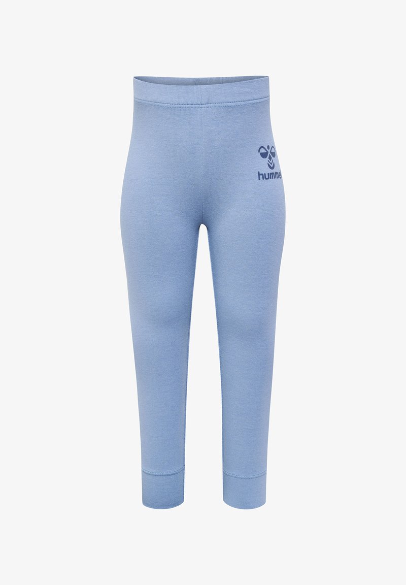 Niebieskie legginsy z bawełny o dopasowanym kroju, z elastycznym paskiem w talii i małym granatowym logo po lewej stronie.