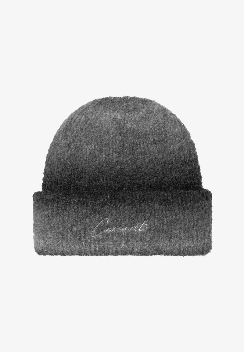 Gorro de punto gris con una textura suave, que presenta un diseño con borde doblado y un logo sutil bordado en la parte frontal.