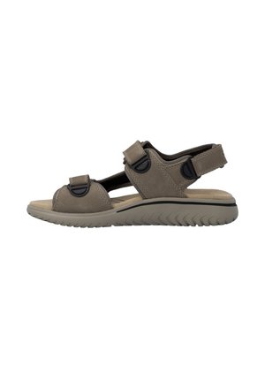 Bruine sandaal met verstelbare band, gevoerde zool en textuurprofiel, ontworpen voor comfort en casual gebruik buitenshuis.