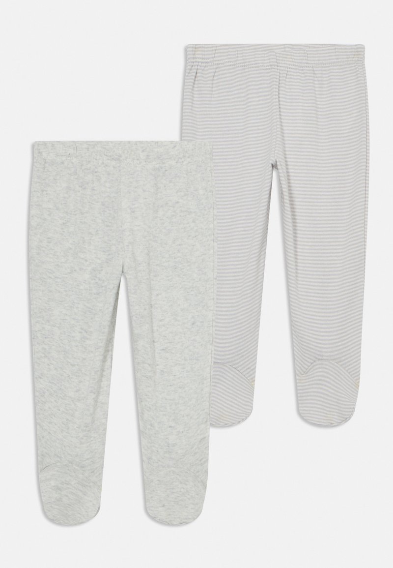 Deux pantalons pour bébé avec pieds, l'un uni gris clair et l'autre à fines rayures grises et blanches, tous deux avec une taille élastique.