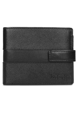 Black wallet made of textured leather with a smooth leather accent. Features a secure closure and debossed brand logo. Compact design.