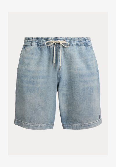 Ανοιχτό μπλε σορτς τζιν με ελαστική μέση και λευκό κορδόνι, δύο πλαϊνές τσέπες και ραμμένες άκρες.
