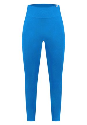 Leggings deportivos azules hechos de un tejido elástico, con una cintura alta y ancha y un diseño suave y sin costuras. Ideales para uso activo.