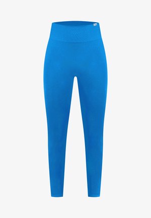 Leggings deportivos azules hechos de un tejido elástico, con una cintura alta y ancha y un diseño suave y sin costuras. Ideales para uso activo.
