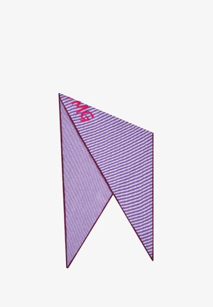 Purple triangular scarf with pink stripes and embroidered text, featuring a contrasting maroon border along the edges and smooth texture.