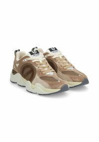 Beige- und braune Wildledersneaker mit Mesh-Akzenten, cremefarbenen Gummisohlen und schwarzem Logotag. Ausgestattet mit Schnürsenkeln und einem gepolsterten Kragen für zusätzlichen Komfort.