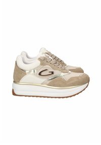 Sneaker in camoscio beige e pelle bianca con accenti metallici, punta tonda, suola piatta in gomma e lacci a fantasia.