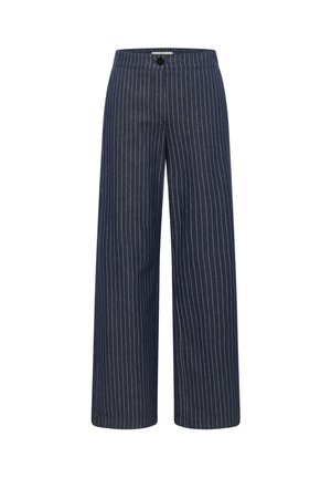 Navy blue wide-leg trousers with white vertical pinstripes, button closure, and a fitted waistband.