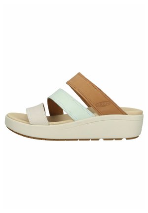 Lightweight sandals with three straps: one beige, one light blue, and one tan. Features a cushioned platform sole and textured accents.