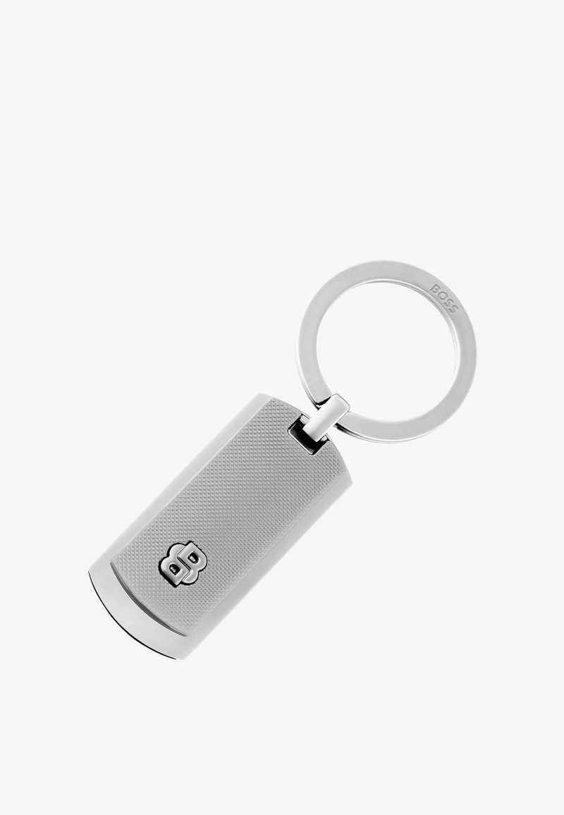 Porte-clés en métal avec un porte-étiquette rectangulaire texturé ornée du logo surélevé "BB" et un anneau circulaire gravé de "BOSS".