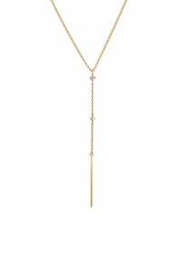 Goldene Halskette mit einer zarten Kette, die drei kleine, diamantähnliche Akzente und einen vertikalen Stab als Anhänger in der Mitte aufweist.