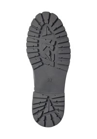 Semelle de botte en caoutchouc grise avec des rainures profondes, présentant un motif géométrique, taille '37' marquée près du talon. Surface texturée pour une meilleure adhérence.