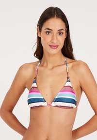Top de bikini a rayas con copas triangulares en azul, rosa y blanco. Ties ajustables en el cuello y la espalda con cuentas decorativas en las correas.