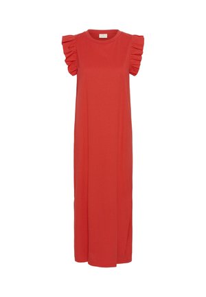 Vestido largo sin mangas rojo con detalles de volantes en los hombros y escote redondo.