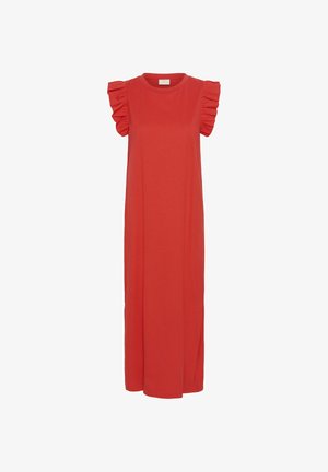 Vestido largo sin mangas rojo con detalles de volantes en los hombros y escote redondo.