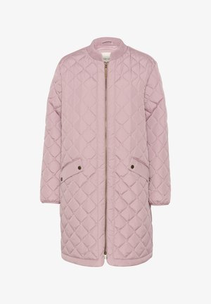 Quilted long jacket in soft pink, featuring a zip front, ribbed collar, and snap button pockets for added detail and functionality.