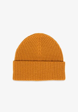 Knit beanie in bright orange with a textured pattern, featuring a folded cuff at the base. Suitable for cold weather wear.