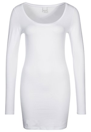 Bílé dámské šaty s dlouhým rukávem, přiléhavé, s výstřihem do oblouku a s visačkou VILA na zadním límci.
