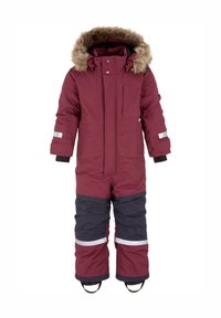 Röd och marinblå isolerad overall med huva i konstfuskpäls, framsidans dragkedja och reflexer på ärmar och ben. Hållbart material med helkropps täckning.