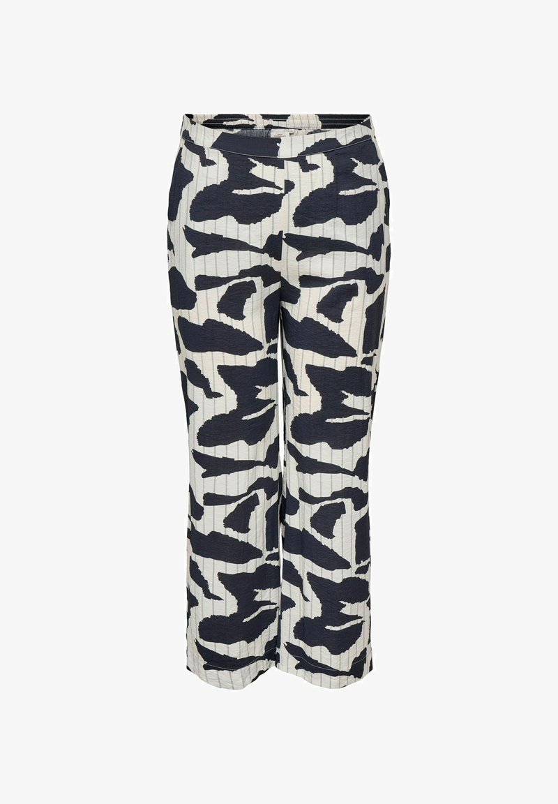 Pantalon à taille élastique et jambes larges avec un motif abstrait crème et marine. Tissu texturé à rayures verticales fines, offrant une coupe décontractée.
