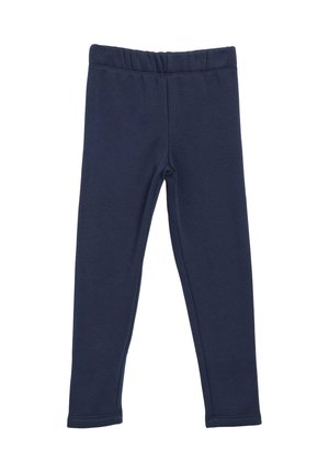 Marineblaue Kinderleggings mit elastischem Bund und enger Passform, vor einem einfarbigen weißen Hintergrund dargestellt.