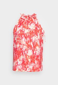 Blouse sans manches avec un motif floral vibrant rouge et rose. Fabriquée en tissu léger, elle présente un col froncé et des liens ajustables.