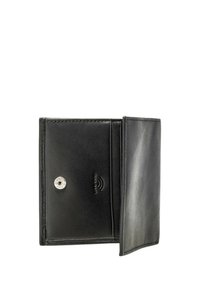 Cartera de cuero negro con textura suave, cierre de presión, ranuras internas para tarjetas y característica de protección RFID. Ligero brillo en la superficie.