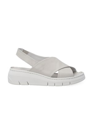Gray leather slingback sandal with crisscross design and white cushioned sole featuring grooves for grip and support.