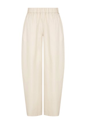 Pantaloni beige a gamba larga con elastico in vita e tasche laterali, realizzati in un tessuto liscio e non testurizzato.