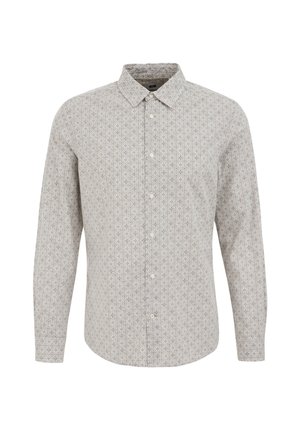 Chemise à manches longues boutonnée couleur beige clair avec un petit motif floral répétitif. Dotée d'un col classique et d'une fermeture par boutons à l'avant.