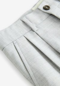 Pantalon gris clair coupé sur mesure avec plis devant, poche latérale, passants de ceinture et bouton foncé à la taille.