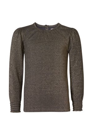 Langärmliges Oberteil in Dunkelgrau mit metallic-goldenen Mustern. Mit gerafftem Ausschnitt und elastischen Bündchen. Glattes, leicht strukturiertes Gewebe.