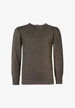Langärmliges Oberteil in Dunkelgrau mit metallic-goldenen Mustern. Mit gerafftem Ausschnitt und elastischen Bündchen. Glattes, leicht strukturiertes Gewebe.
