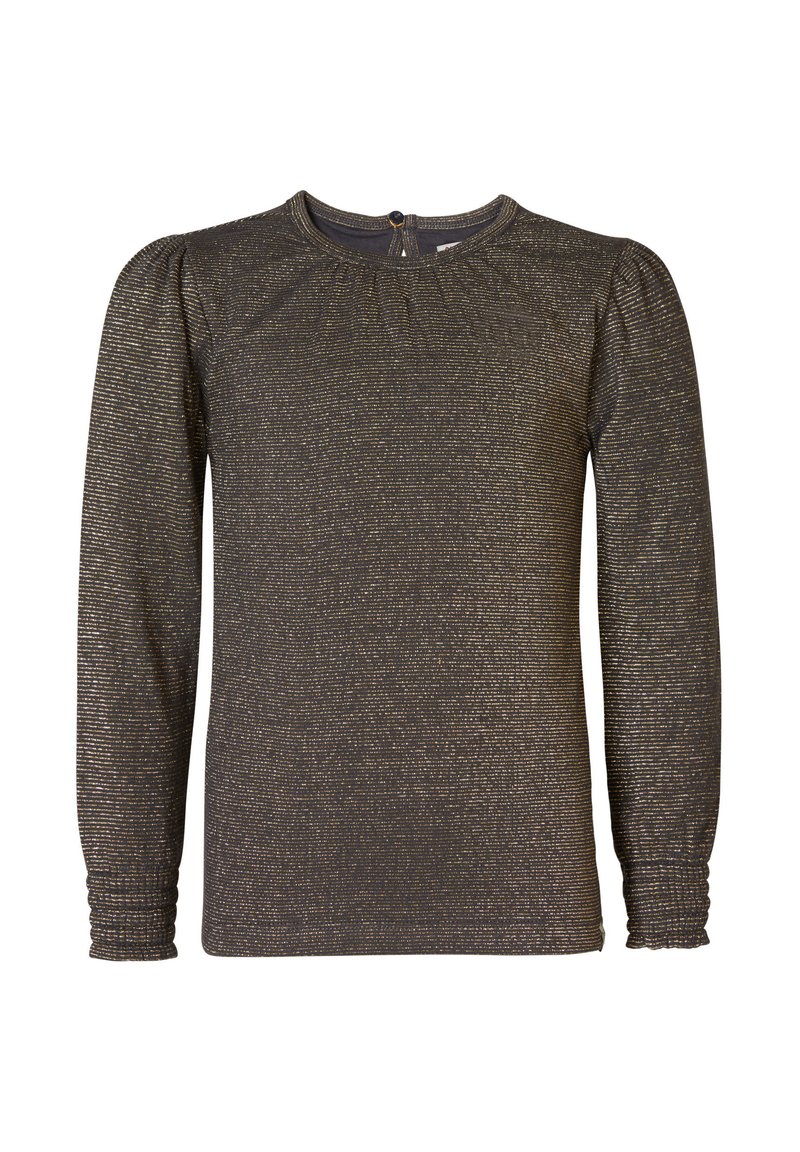Langärmliges Oberteil in Dunkelgrau mit metallic-goldenen Mustern. Mit gerafftem Ausschnitt und elastischen Bündchen. Glattes, leicht strukturiertes Gewebe.