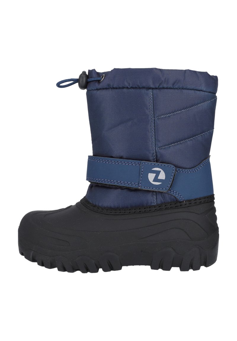 Marineblaue isolierte Winterstiefel mit einer schwarzen Gummisohle, Textiloberteil, verstellbarem Zugverschluss und Klettverschluss mit Logo.