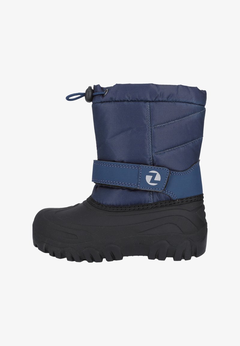 Navy blue insulated winter boot with a black rubber sole, fabric upper, adjustable toggle closure, and velcro strap featuring a logo.