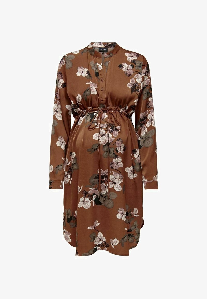 Robe de maternité marron à manches longues avec imprimé floral, boutonnée sur le devant et ceinture ajustable à la taille.