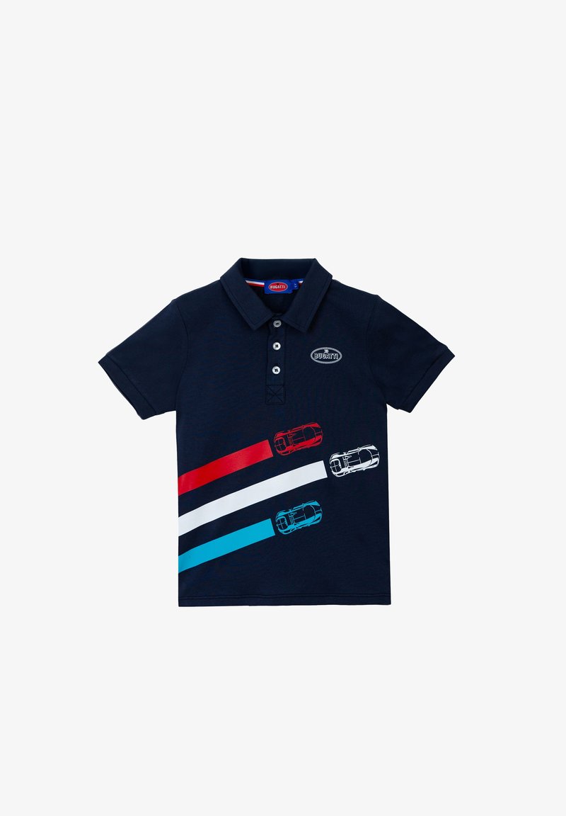 Polo in cotone di colore navy, con un design a tre strisce in rosso, bianco e blu, caratterizzato da grafiche di auto e dal logo Bugatti sul petto.