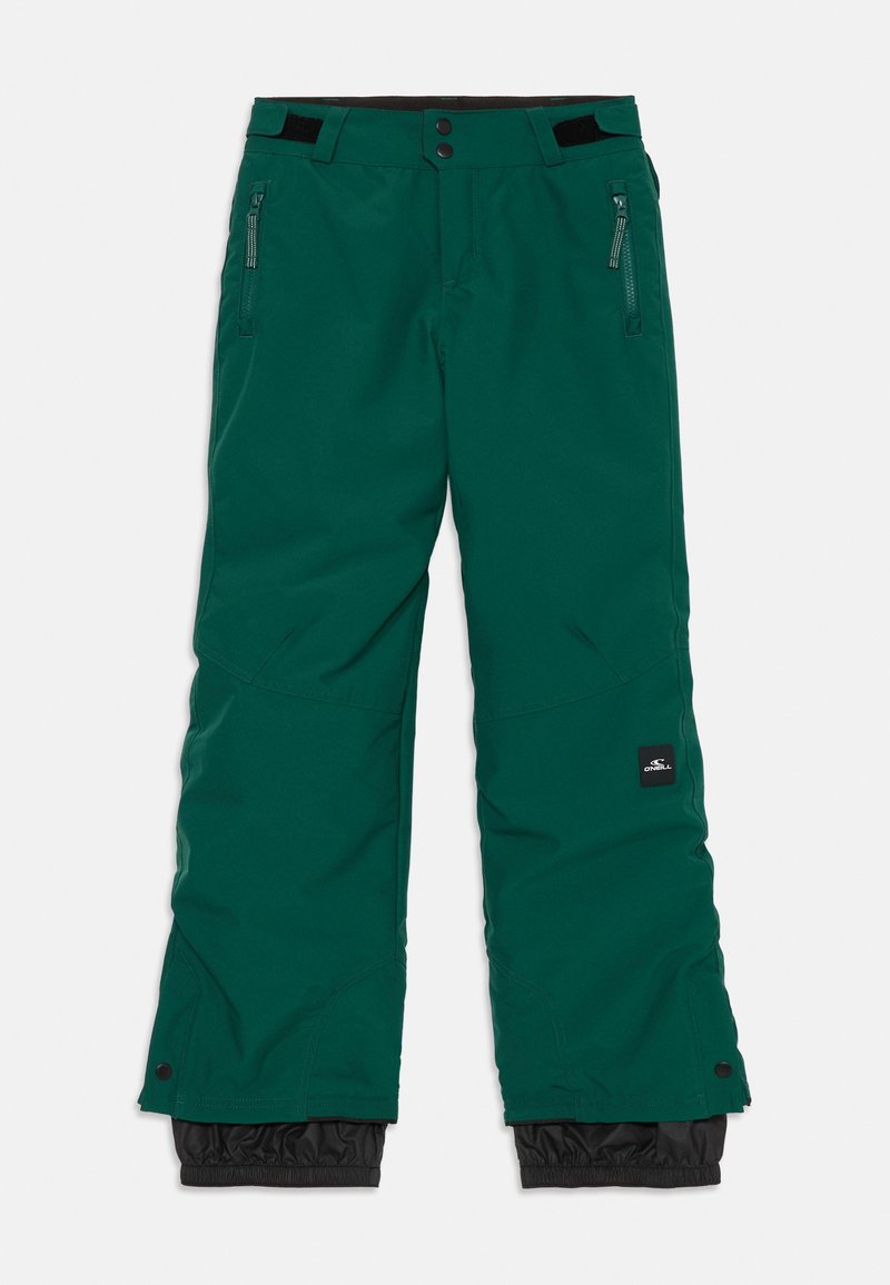 Groene skibroek gemaakt van waterdicht materiaal, uitgerust met twee zijzakken met rits, elastische manchetten en een logo patch op het onderbeen.