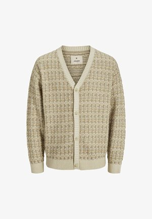 Gebreide cardigan met een wafelstructuur in lichtbeige en crème, met een V-hals, knoopsluiting en geribde manchetten en zoom.