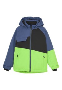 Färgblockerad jacka med sektioner i blått, svart och neongrönt, med huva, framdragkedja och sidofickor. Tillverkad av slitstarkt material.