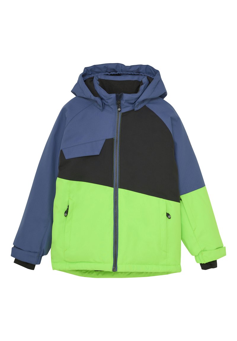 Färgblockerad jacka med sektioner i blått, svart och neongrönt, med huva, framdragkedja och sidofickor. Tillverkad av slitstarkt material.