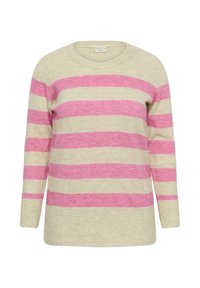 Pull en tricot à manches longues avec des rayures horizontales larges alternées beige et rose, et un col rond.
